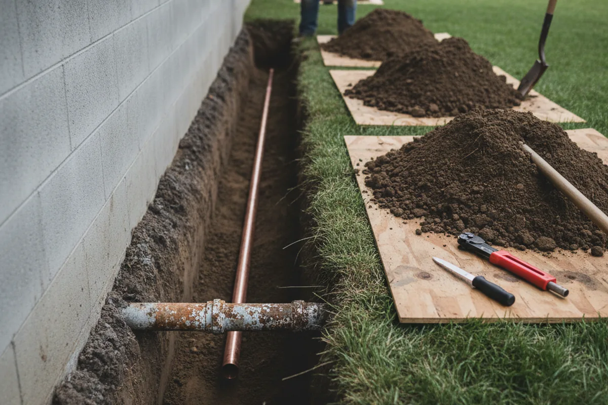 Excavated water line trench during Water Softener Installation in Campo